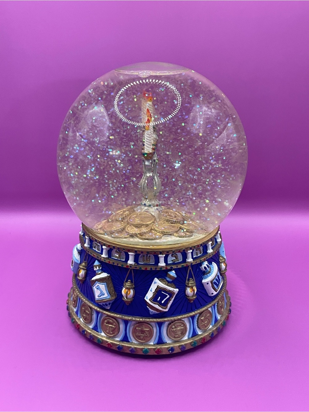 Hanukkah Musical Snow Globe Menorah Dreidel Gelt Music Box Judaica